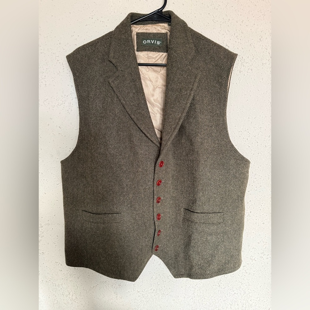 Orvis Olive Green Herringbone Tweed Vest